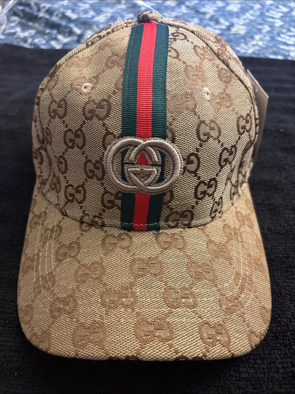 Beige GG Monogram Baseball Cap with Green-Red Web please read 👇